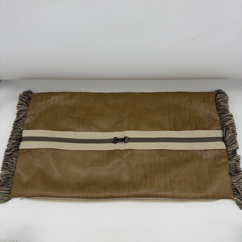 Eastern Accents Aiden Lumbar Pillow Case Brown Faux Leather With Buckle Fringe